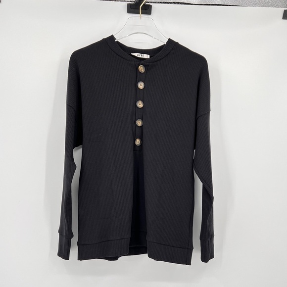 LETT Kruger Henley Ribbed Top In Black Size Large NWT - Picture 3 of 10